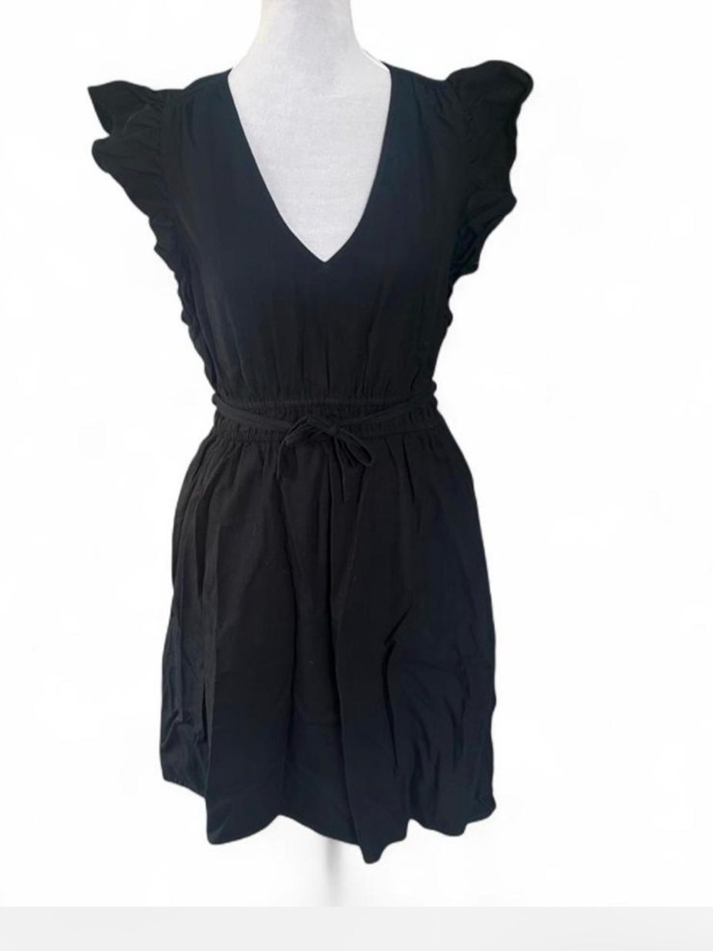 Universal Thread Black Solid Ruffle Flutter Sleeve V-Neck Fit & Flare Dress XS